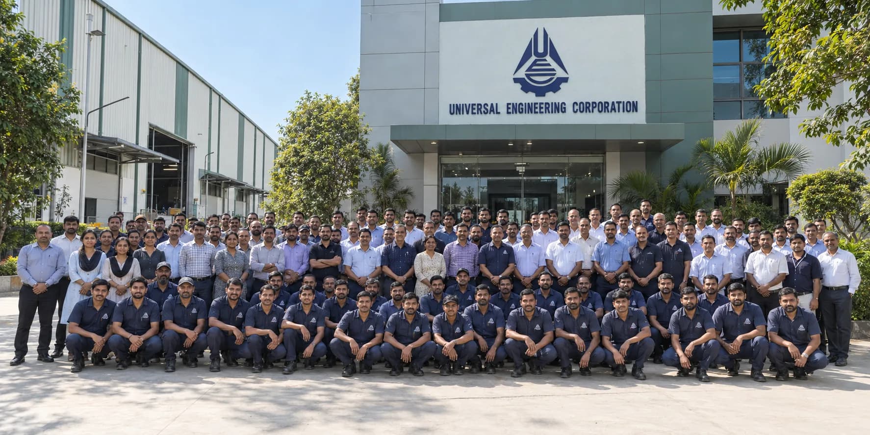 The UEC team outside the Universal Engineering Corporation works