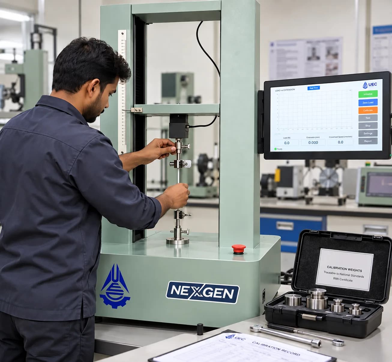 A UEC engineer setting up a NexGen tensile tester, with a case of calibration weights beside it